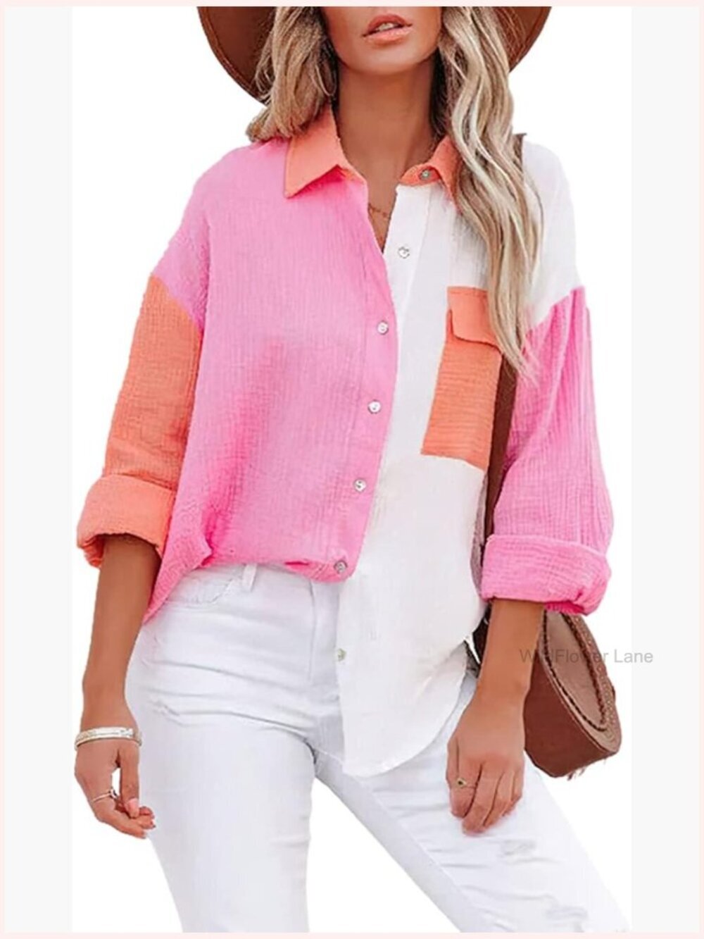 Color Block Button Down Shirt Loose Fit Long Sleeve Blouse Top Women